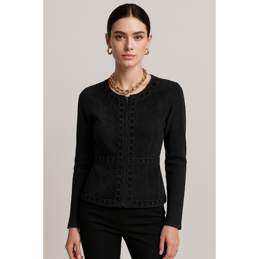 Willi Smith Black Suede Trim Zip Front Knit Jacket Cardigan Women’s Size S